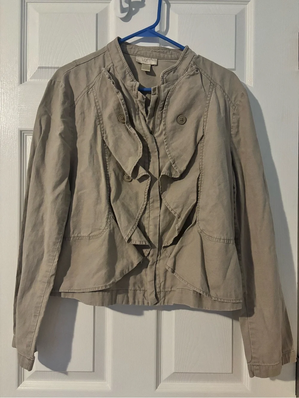 LOFT Taupe Ruffle-Front Jacket - Picture 1 of 5